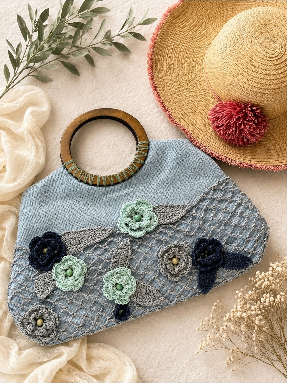 Handmade Boho Blue Floral Crochet Handbag Wooden Handle Cottagecore Purse